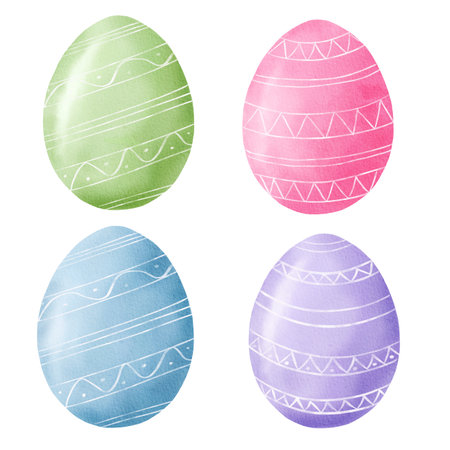 Set of watercolor Easter eggs isolated on white backgroundsの写真素材