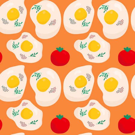 Fried eggs with spice and tomatoes flat vector seamless pattern. Food texture. Arugula. Tasty breakfast. Illustration in yellow, red and orange. Kitchen textile, wallpaper design, wrapping paperのイラスト素材