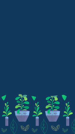 Template for stories with houseplants seamless border on the bottom. Place for text. Indoor plants in pot with drawn human face and in triangular vase. Trendy colors. Flat style vector illustrationのイラスト素材