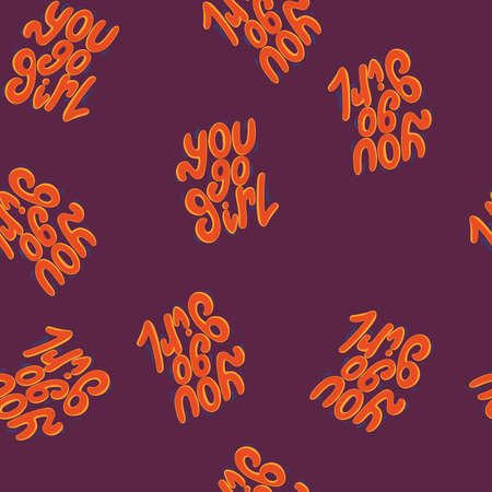 Lettering you go girl hand written vector seamless pattern. Hand drawn texture. Feministic slogan. Illustration with in orange and blue on purple background. Wrapping paper, textile print, backgroundのイラスト素材