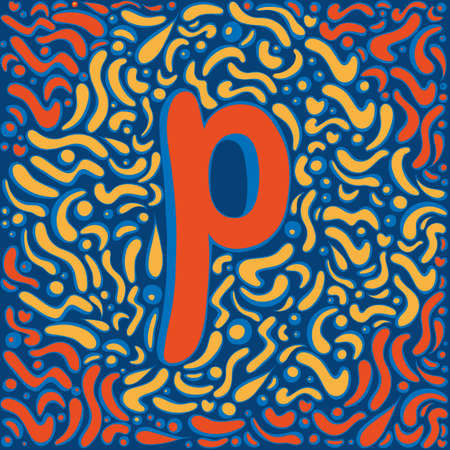 P letter. Handwritten round letter with blue shadow in trendy orange color. Abstract pattern of different curved shapes around. Hand drawn style design element. Vector illustration. Educational card.のイラスト素材