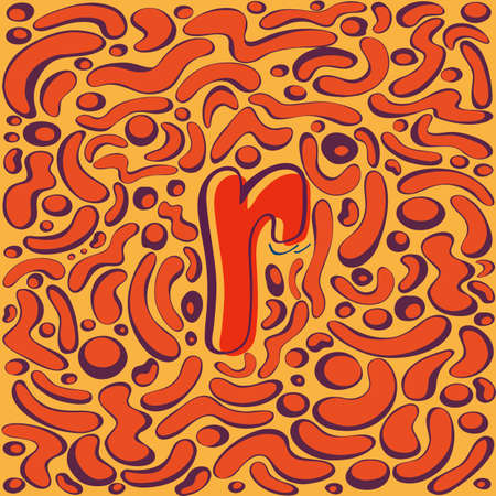 R letter. Handwritten round letter with purple shadow in trendy orange color. Abstract pattern of different curved shapes around. Hand drawn style design element. Vector illustration. Educational cardのイラスト素材