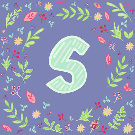 S letter. Handwritten english letter with stripes. Floral frame around. Pattern with leaves,berries and flowers. Cute card template. Hand drawn style design element. Vector illustration. Trendy colorsのイラスト素材