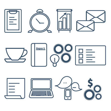 Time management icons set.Outline style.Alarm clock, letters, clipping board, board with graph, cup, folder with report, to do list, smartphone with chats, laptop, note, bulb, cogwheel and dollar signのイラスト素材
