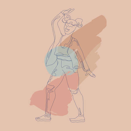 Girls silhouette in one line style. Brush strokes on the background. Hand drawn asian woman. Contemprorary vector illustration in pastel colors. Modern graphic drawing.のイラスト素材