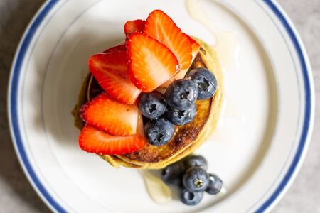 Protein Pancakes - Matcha with Fruit on Topの写真素材