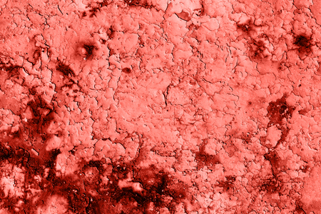 Trendy living coral color of year 2019 textured background of rusted metal paint flat laysの写真素材