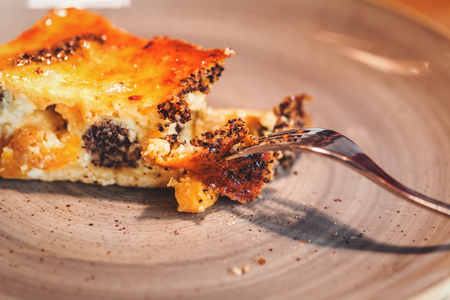 Half eaten delicious piece of cottage cheese and poppy cake on plate with a fork and crumbles in a cafe with copy spaceの写真素材