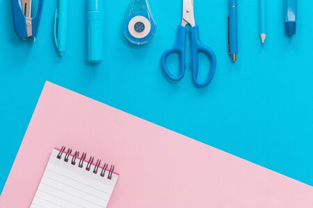 Assorted office and school pink and blue stationery on pastel trendy background as border. Flat lay with copy space for back to school or education and craft conceptの写真素材