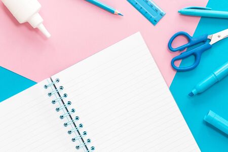 Assorted office and school pink and blue stationery on pastel trendy background in iridescent pencil...