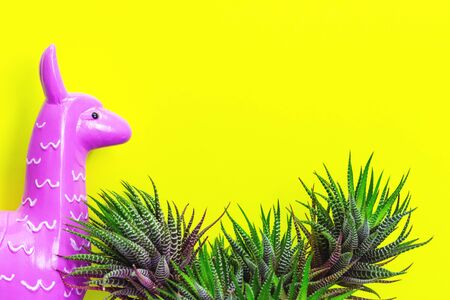 Pink purple zine type head of a toy alpaca llama on a glowing yellow background with green zebra cactus plant . Creative and fun trendy collage animal concept with copy spaceの写真素材