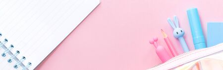 Assorted office and school pink and blue stationery on pastel trendy background in iridescent pencil case. Flat lay border with copy space for back to school or education and craft concept bannerの写真素材