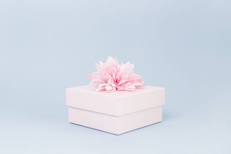 Feminine candy pink gift box with flower bow on top on pastel blue. Passion, love and feelings St Valentines Mothers Womens Day celebration monochromatic concept with copy spaceの写真素材