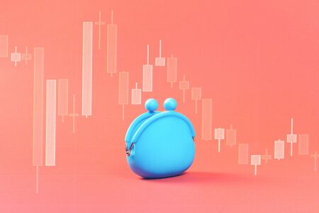 Stock graph over blue empty coins money purse or pouch on orange background. Savings or costs zine...