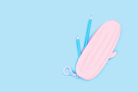 Bright school stationery supply. pink pencil case in shape of cactus with blue pencils on blue pastel background. Flat lay with copy space. back to school or education craft and creativity concept.の写真素材