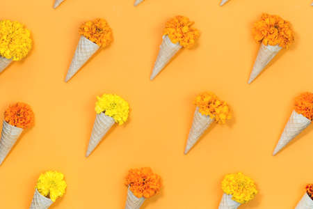 Orange and yellow flowers in waffle cones flat lay pattern on saffron yellow background....