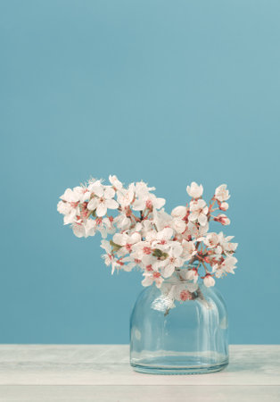 Spring or summer festive blooming with white flowers fruit tree branches in two small glass vases against tender blue background. Fresh floral background with copy spaceの写真素材
