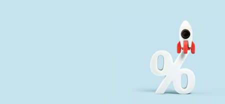 Financial growth concept. Rocket on percentage sign. Income boost. Savings cashback or sale concept...