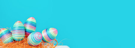 Several bright color handmade easter eggs on blue background with copy space. Border for Happy...