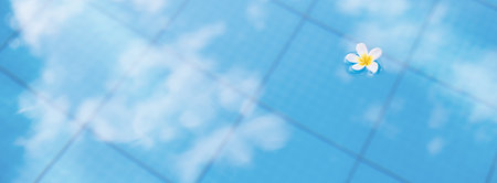 Tranquil travel vacation and mindfulness concept with mosaic blue swimming pool with sky reflection...