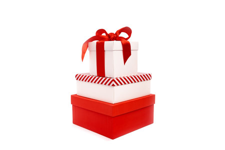 set of four different red and white gift boxes on white background. Assorted size. Merry Christmas...