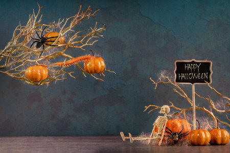 Halloween party set up props. Three skeletons having a spooky party with pumpkin and spider web. Dia de los Muertos and Halloween. Dark themed copy space. trick or treatの写真素材