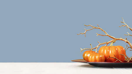 Orange halloween pumpkins with golden branches on blue. Happy Thanksgiving Day lush background. party decorationon white wooden deck or table. Selective focus on pumpkin. copy spaceの写真素材