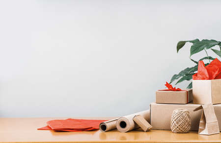 Wrapping, eco pack, parcel, hand craft, handmade on desk.の写真素材