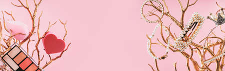 Group of White Pearl and Gold Hair Clips pink Background
