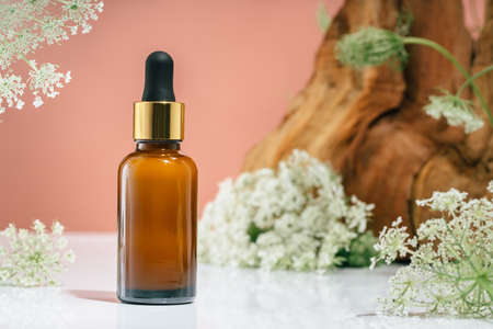 Cosmetic amber glass dropper bottle in fresh nature setup. Green leaves white flowers on pink. Essential aroma oil or face care serum essence. natural beauty and cosmetics. Pink forestの写真素材