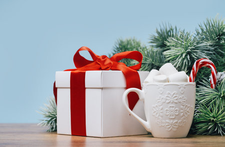white gift box with a red ribbon bow with Christmas tree branch. Baubles. Hot chocolate mug with marshmallow. Christmas and New Year banner. Copy space side viewの写真素材