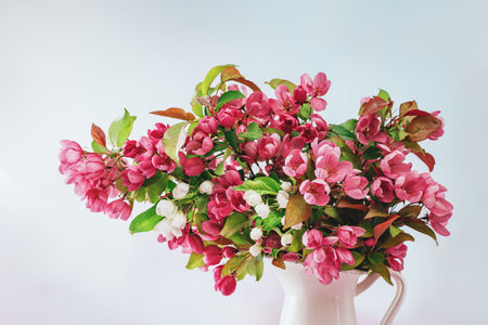 Magenta Pink and white spring viva garden flowers in a white vase. Pastel blue cozy setup with copy space. Blooming fruit tree branch. Greeting card. Border bannerの写真素材