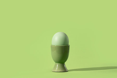 Dyed easter egg in matching egg cup on green. Minimal monochrome Happy Easter concept cardの写真素材