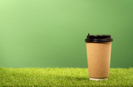 Takeaway paper coffee cup on green. Snack delivery service. Coffee to go. Grab and go or carry out beverage. Disposable mockup packaging. Place for text. Minimal. Spring or summer drinkの写真素材