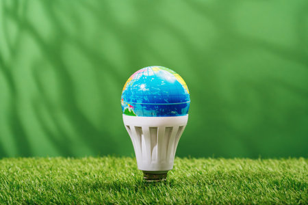 Globe in LED light bulb in green grass ecological background. Green energy efficient saving and...