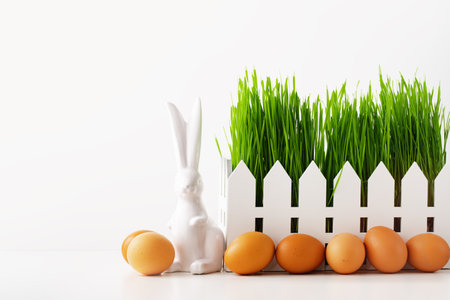 Happy Easter concept. Green grass meadow with fence and white bunny. Several natural brown eggs in front of it. Easter holiday eggs hunt and painting concept.の写真素材