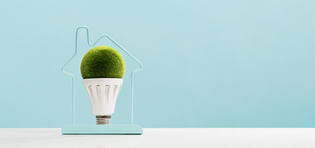 LED green grass light bulb inside house frame on blue background. Green energy saving and smart house solutions. Sustainable consumption. Earth Day. Smart housing ideas bannerの写真素材