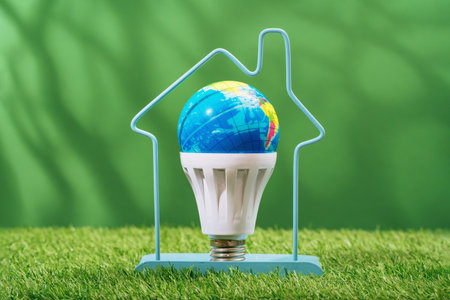 Globe in LED light bulb inside house frame on green grass background. Green energy efficient saving and smart house solutions. Sustainable consumption and lifestyle. Earth Day. Forestの写真素材