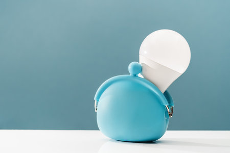 Glowing LED light bulbs in coin purse on table. Green energy saving and smart house solutions. Sustainable electricity consumption. Utilities costs. Household budget. Replace old bulbs. Earth Dayの写真素材