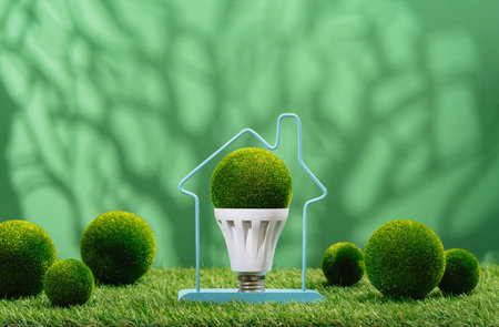 Green LED light bulb inside house frame on green grass background. Green energy efficient saving and smart house solutions. Sustainable consumption and lifestyle. Earth Day. Forest treesの写真素材