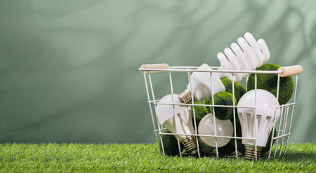 Earth Day. Assorted led bulbs in basket in green background. Environment day. Safe disposal, ecology concept. Renewable energy efficient technologies. Climate change and ethical consumerismの写真素材