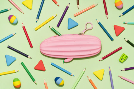Pink cactus pencil case in centre with Colored Pencils and rubber erasers background pattern on...
