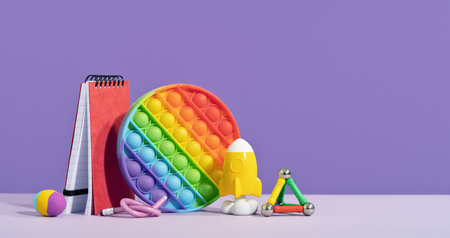 Colored stationery. rocket pencils on lilac purple background with rocket. Brain teaser and development for back to school or education. Bright accesories. Success achievement ideasの写真素材