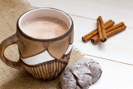 Hot cocoa with milk in brown cup, cinnamon sticks on white table, close upの写真素材
