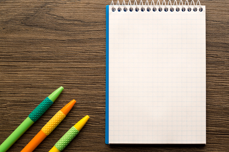 School notebook and stationery, abstract, concept background, top viewの写真素材