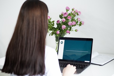 Back view of woman freelancer, working on a new project on laptop computer, girl keyboarding while...