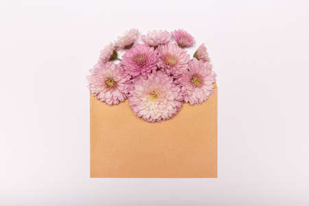 Open mail envelope with pink flowers on cwhite background, flat lay, flowers conceptの写真素材