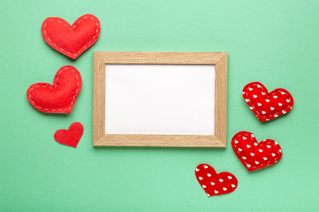 Love heart frame on pastel background copy space top view, Valentine's day conceptの写真素材