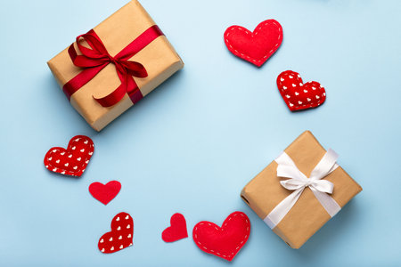 Valentine's day blue background, love concept. Flat lay, top view, copy spaceの写真素材