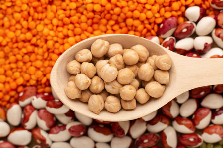 Uncooked dried chickpeas in wooden spoon close up. Heap of legume chickpea backgroundの写真素材
